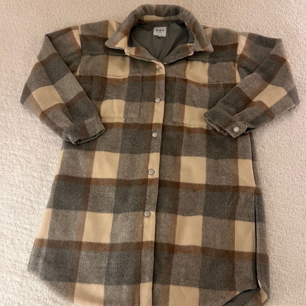 Oat New York Plaid Peacoat in Gray, Cream & Brown